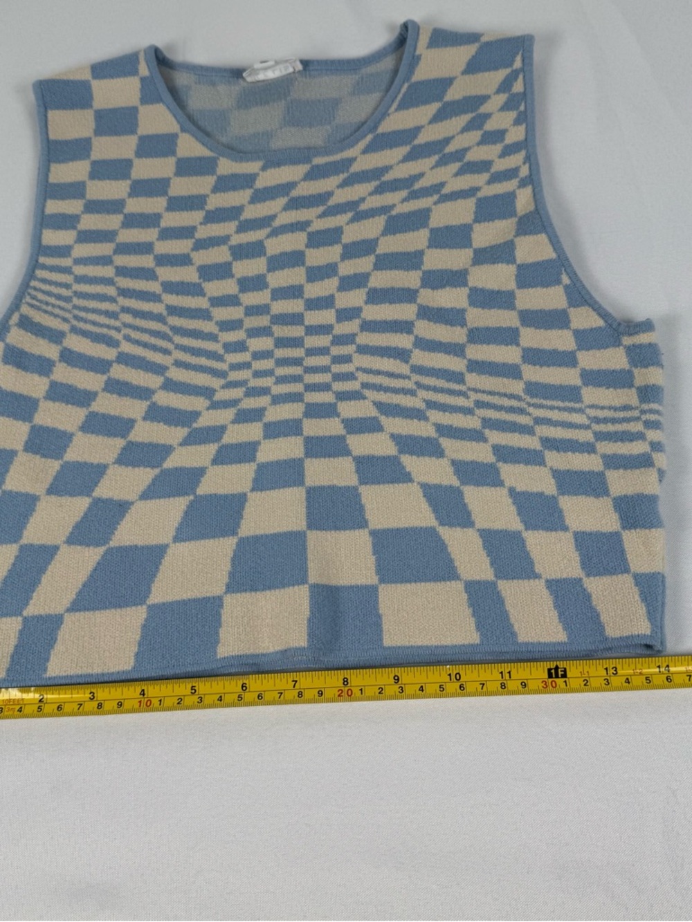 Lelis Checkered Knit Tank Top Blue Cream Optical Illusion Crop Sweater Vest - Picture 9 of 10